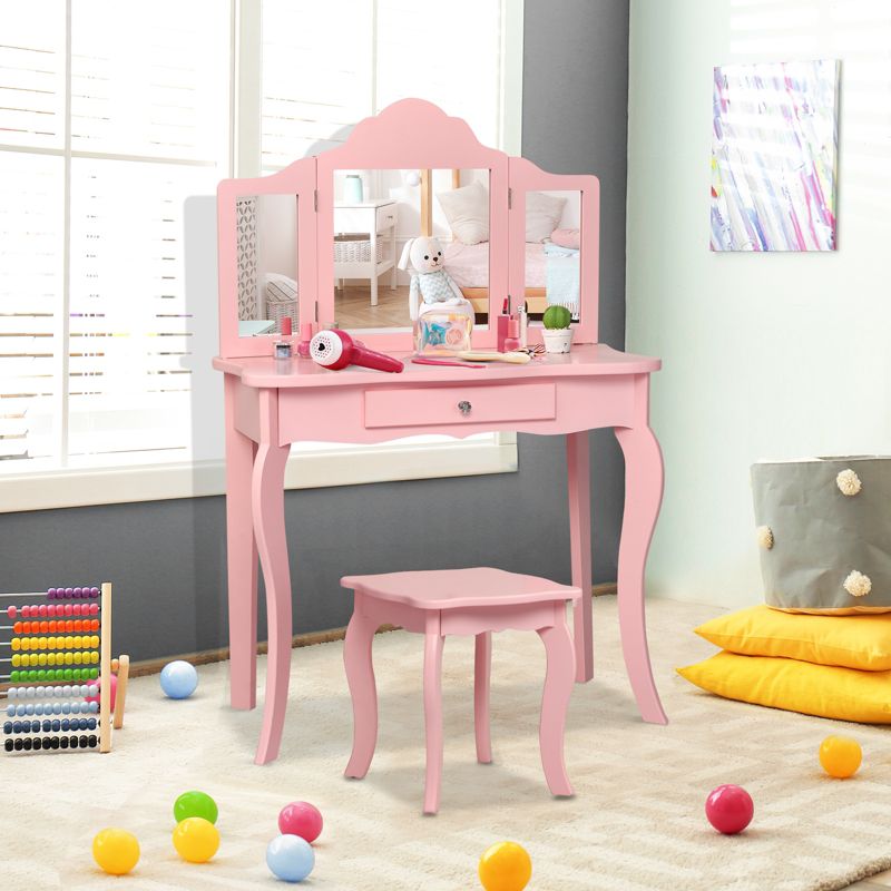 Tangkula Wooden Vanity Table with Triple Folding Mirror & Stool for Kids Pink, 2 of 9