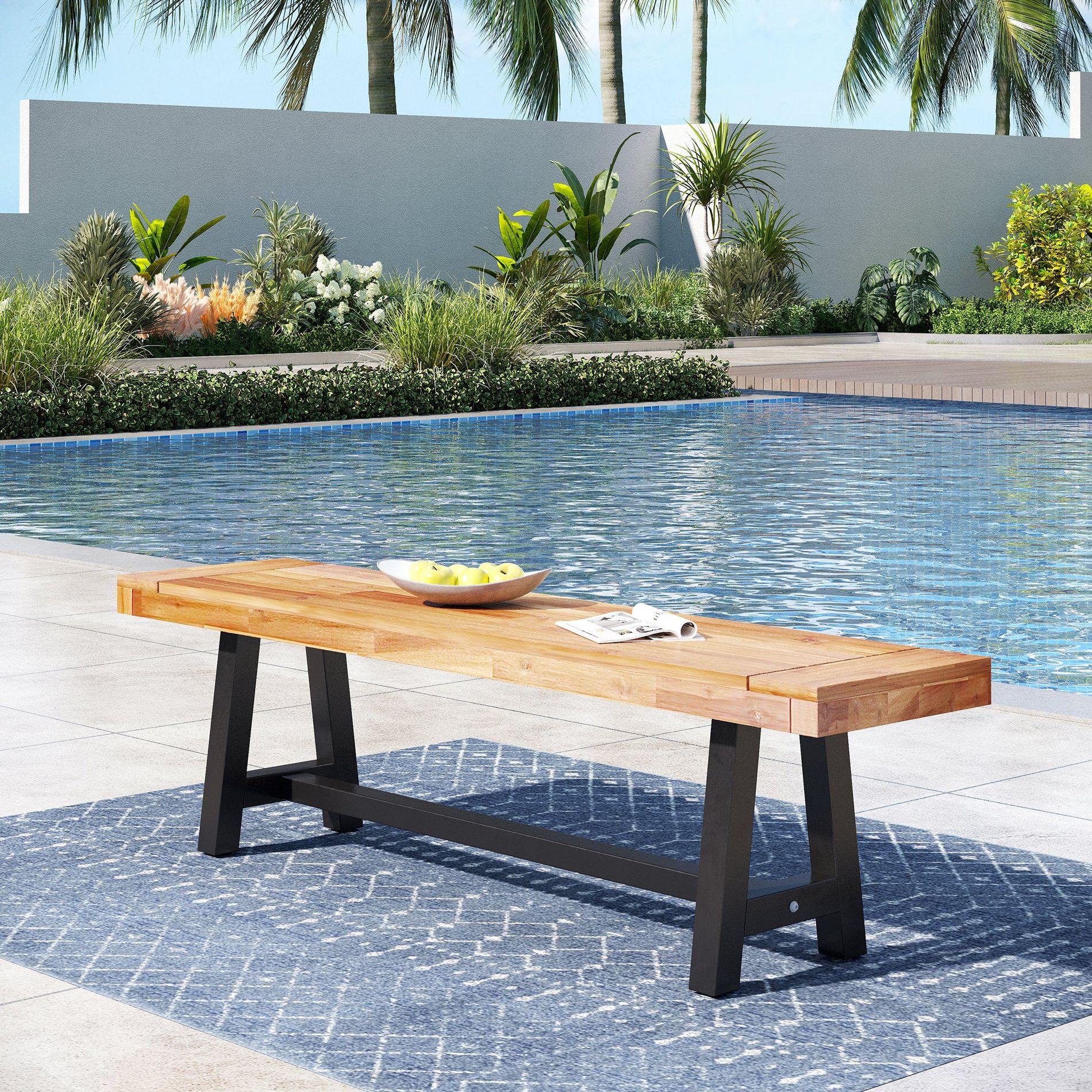 Captiva Designs 1Pc Outdoor Patio Weatherproof Dining Long Narrow Garden Backless Acacia Wood Bench