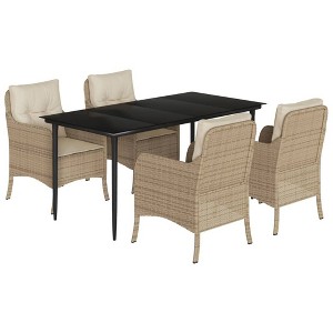 vidaXL 5 Piece Patio Dining Set - Beige Poly Rattan/Glass Tabletop - Cushions Included - Outdoor, Garden, Backyard Use - 1 of 4