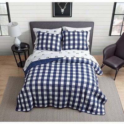 Twin White and Indigo Cotton Reversible Plaid Quilt Set