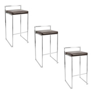 LumiSource Set of 3 Fuji Stacker Barstools Stainless Steel/Brown PU - 1 of 4