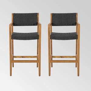 Genesee 2pk Acacia Wood Bar Stools: Woven Wicker, Weather-Resistant - Christopher Knight Home - 1 of 4