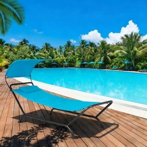 Gymax Outdoor Canopy Hammock Swing Chair Cushioned Patio Hanging Chaise Lounge w/ Pillow & Storage Bag Metal Swing Hammock Bed w/ Stand - 1 of 4