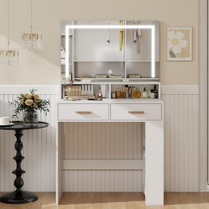 Vanity Desk With Mirror, Compact Makeup Vanity Table With 2 Large Drawers, Shelves, 3 Color Modes Adjustable Light, White - 1 of 4