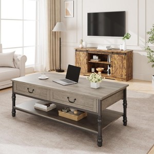 White 41 Inch Wooden Coffee Table with Drawers Multi Functional Retro Style Storage Table Brown - 1 of 4