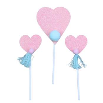 O'Creme Pink Glitter Heart Cake Toppers with Pompom or Tassel, Total 3 Pieces