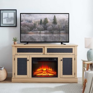 VYNXARIA Embossed Pattern TV Stand with 23" fireplace insert,, TV and Media Console with Open and Closed Storage Space and sliding door,LIGHT OAK - 1 of 4