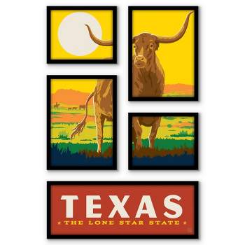 Americanflat Texas State Pride 5 Piece Grid Wall Art Room Decor Set - Vintage Animal Modern Home Decor Wall Prints
