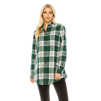 Haute Edition | Women's Long Sleeve Tunic Length Plaid Button Down Shirt