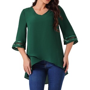 Seta T Women's V Neck 3/4 Bell Sleeve Mesh Panel High Low Asymmetrical Irregular Hem Casual Blouse - 1 of 4