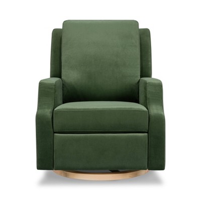 Forest Green Velvet Swivel Recliner with Light Wood Base