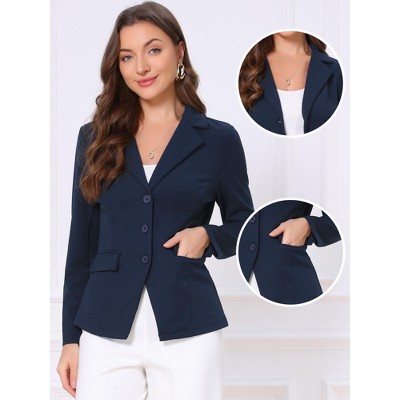 INSPIRE CHIC Women's Long Sleeves Notched Lapel Work Office Button-Down Solid Blazer with Pockets Small Navy Blue — фото 2
