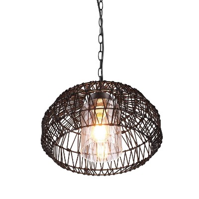 Matte Black Woven Fabric Outdoor Pendant Light with Glass Globe