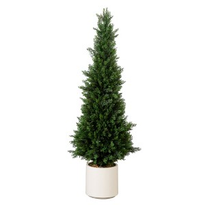 Nearly Natural 4-ft UV Resistant Artificial Cedar Tree in Decorative White Planter (Indoor/Outdoor) - 1 of 4