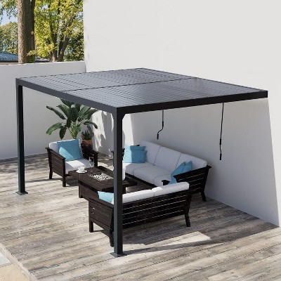 Aoodor 13 x 10 ft. Outdoor Aluminum Wall Mounted Louvered Pergola Waterproof Gazebo Sun Shade Shelter with 2 Adjustable Rainproof Panels