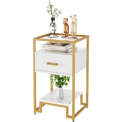 Homhougo Nightstand, End Table with Storage Drawer and 3-Tier Storage & Tempered Glass Top, Bedside Furniture with Steel Frame, Easy Assembly