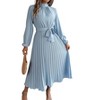 Women Pleated Dress Long Sleeve Stand Up Collar With Belt A-Line Flowing Dress - 2 of 4