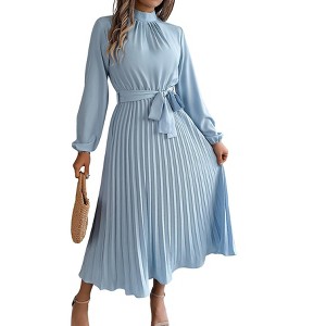 Women Pleated Dress Long Sleeve Stand Up Collar A-Line Flowing Dress With Belt - 1 of 4