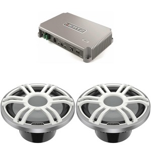 Hertz HMD1 High Power Marine Mono Amplifier with 2 HMS 12 S4-LD-SW 12" 4 Ohm Marine Subwoofer with RGB LEDs, White Sport Grille - 1 of 4