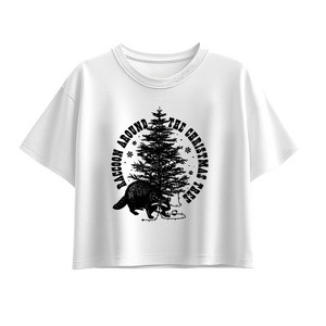 Girls' - Instant Message - Raccoon Around The Christmas Tree Short Sleeve Boxy Graphic T-Shirt - 1 of 3