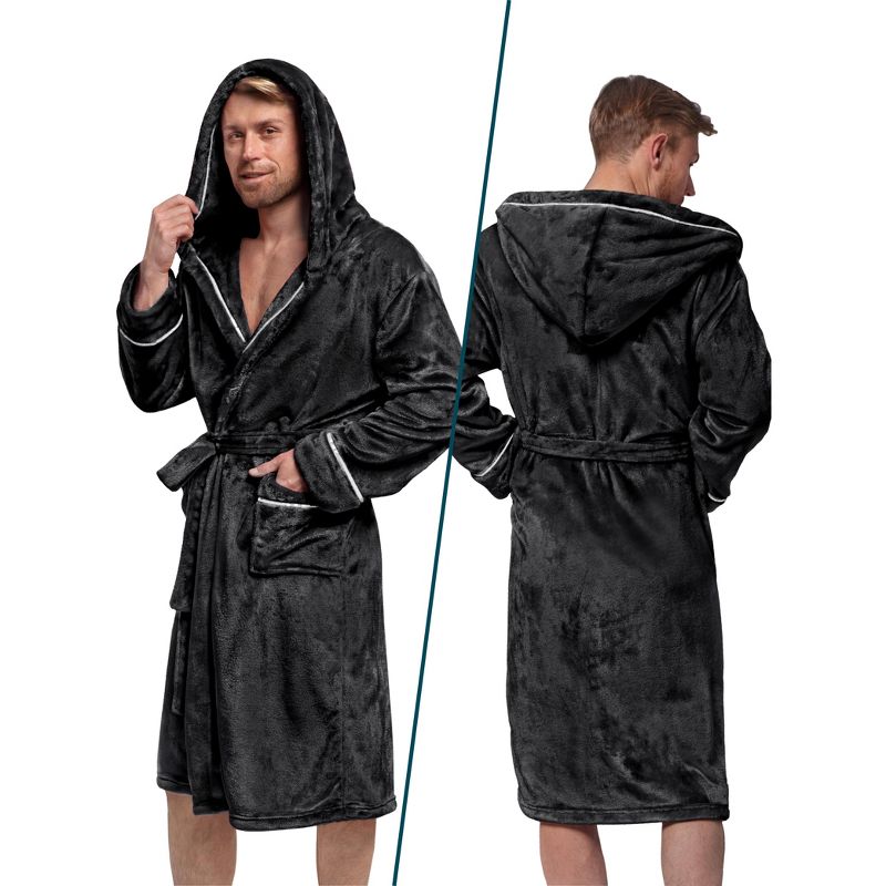 PAVILIA Mens Robe, Hooded Soft Bathrobe for Men, Fleece Plush Warm Shawl Collar Hood Pockets for Bath Shower Spa, 2 of 9