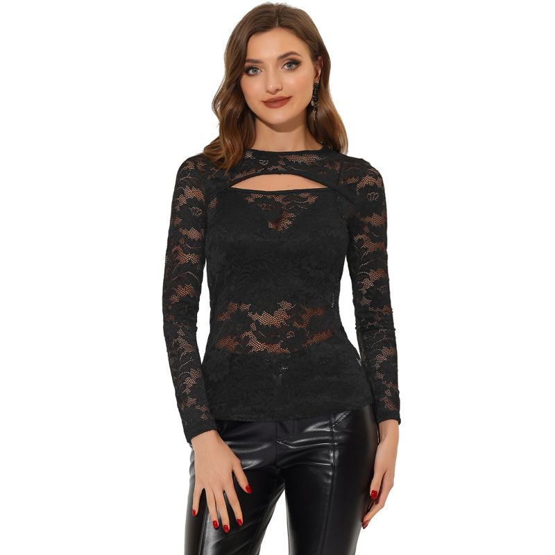 Allegra K Women's See-Through Top Cut Out Long Sleeve Fitted Lace Floral Top, 1 of 6