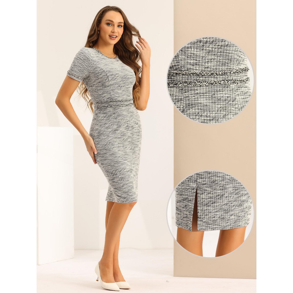 Женские платья INSPIRE CHIC Women's Crew Neck Wear to Work Office Bodycon Pencil Dress Black White Medium — фото 2