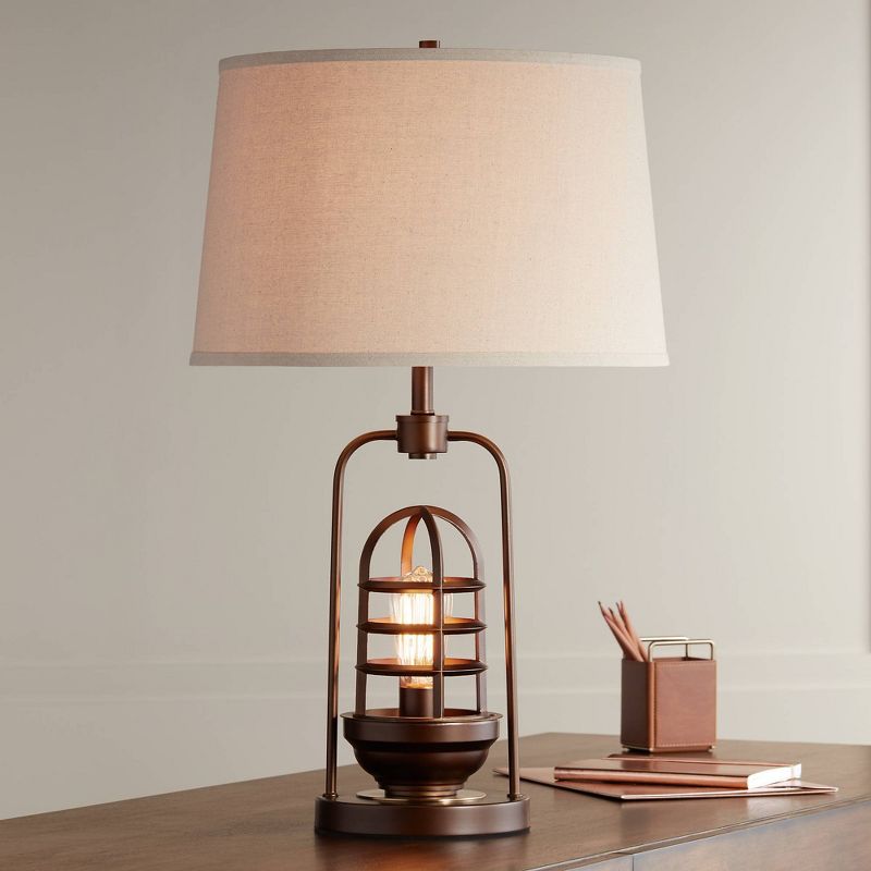 Franklin Iron Works Hobie Industrial Table Lamp 27 1/2" Tall Rust Bronze Cage with Nightlight LED Edison Bulb Drum Shade for Bedroom Living Room Kids, 2 of 9