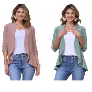 INSPIRE CHIC Women's 3/4 Sleeve Dressy Neck Ruffle Open Front Casual Eyelet Cardigans 2 Packs - 1 of 4