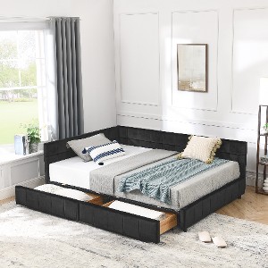 Lyngins Mid-Century Full Size  Daybed with 2 Under-Bed Drawers, Storage Velvet Upholstered Tufted Bed Frame, Wooden Convertible Sofa Bed Frame - 1 of 4