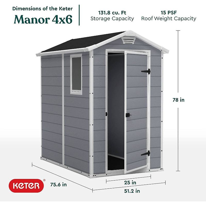 Keter 4&#39;x6&#39; Manor Outdoor Storage Shed Gray, 2 of 6