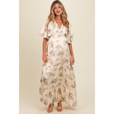 PinkBlush Cream Floral Deep V-Neck Maternity Maxi Dress