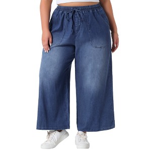 Agnes Orinda Women's Plus Size Drawstring Elastic Waist Wide Leg  Chambray Palazzo Pants with Pockets - 1 of 4