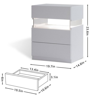 White 3-Drawer LED Nightstand with Acrylic Panels