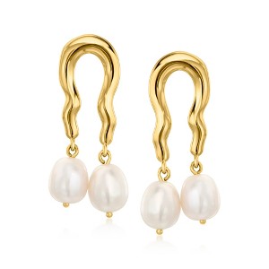 Ross-Simons 9-9.5mm Cultured Pearl Wavy Drop Earrings in 18kt Gold Over Sterling - 1 of 3