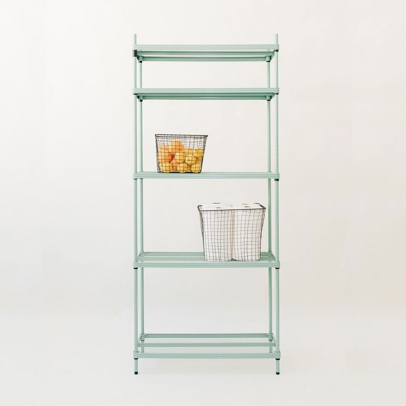 Design Ideas MeshWorks 5 Tier Full Size Metal Storage Shelving Unit Bookshelf, for Kitchen, Office, and Garage, 31.1" x 13" x 70.9", Sage Green, 5 of 7