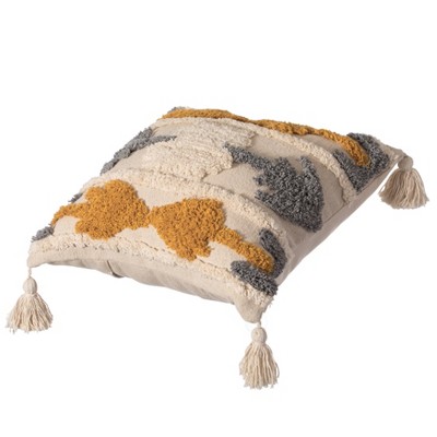 16'' Beige and Gray Cotton Throw Pillow with Tassels
