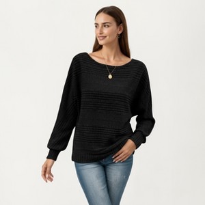 Anna-Kaci Women's Long Sleeve Striped Knit Sweater with Boat Neckline and Relaxed Fit - 1 of 4
