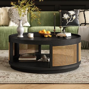 Round Coffee Table Wooden Sofa Table Side Table Cane Center Table with PE Rattan Side, Mid-Century Modern, Black/Brown-ModernLuxe - 1 of 4