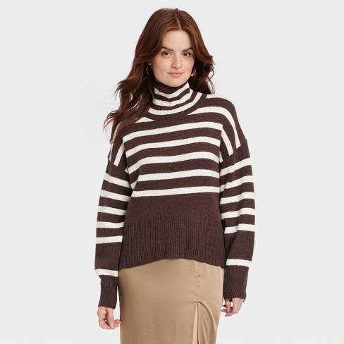 Women's Mock Turtleneck Pullover Sweater - A New Day™ Brown Striped M