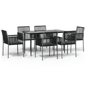 vidaXL 7-Piece Patio Dining Set - Black Poly Rattan and Steel with Light Gray Cushions, Weather-Resistant Material and Sturdy Frame - 1 of 4