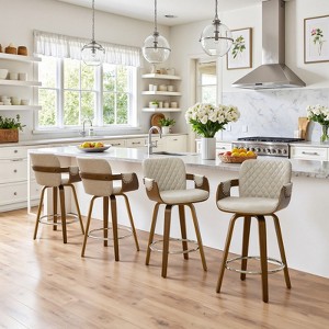 Bekrvio 26" Swivel Counter Stools with Back & Arms, Faux Leather Mid-Century Bar Stools for Kitchen Island, Walnut Frame, Set of 1/2/3/4 - 1 of 4