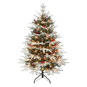 Puleo 4.5' Pre-Lit Flocked Halifax Fir Artificial Christmas Tree with Pinecones & Berries Clear Lights