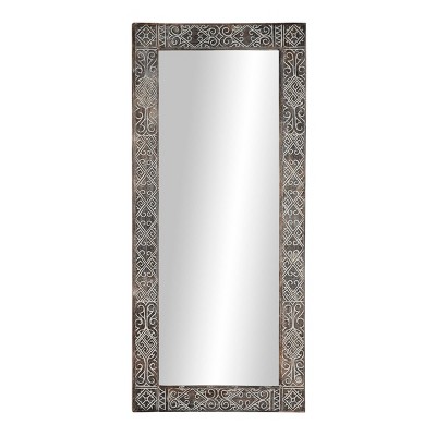 32" x 71" Large Rectangular Wooden Wall Mirror with Hand Carved Eclectic Design and Whitewash Finish - Olivia & May