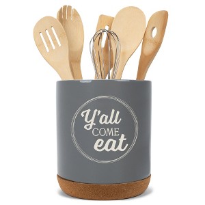 Elanze Designs Y'all Come Eat Southern Accent Ceramic Cork Bottom Gray Large Capacity Utensil Holder Crock for Countertop Storage, Stylish & Durable - 1 of 4