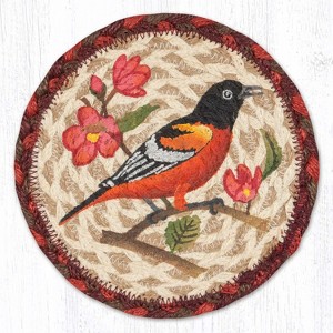 Earth Rugs Wildlife Oriole Round Coaster – 7"x7" Braided Jute with Hand-Stenciled Oriole, Rustic Nature-Inspired Design - 1 of 3