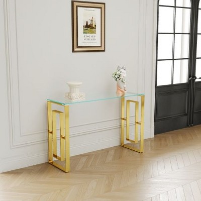 CENGHU Modern Entryway Console Table with Stainless Steel Glass, Meal Side Table Clear Sofa Table, End Side Table for Hallway, Entryway, Living Room