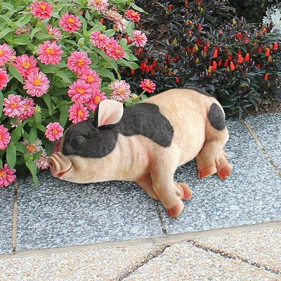 Hand-Painted Black and Beige Resin Sleeping Pig Statue