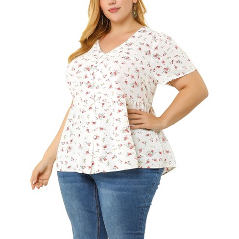 Agnes Orinda Women's Plus Size V Neck Ruffle Hem Short Sleeve Cinched Waist  Floral Peplum Top White 3X