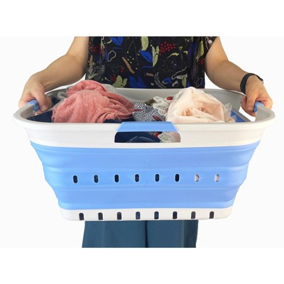 Grey and Crystal Blue Collapsible Plastic Laundry Basket with Handles